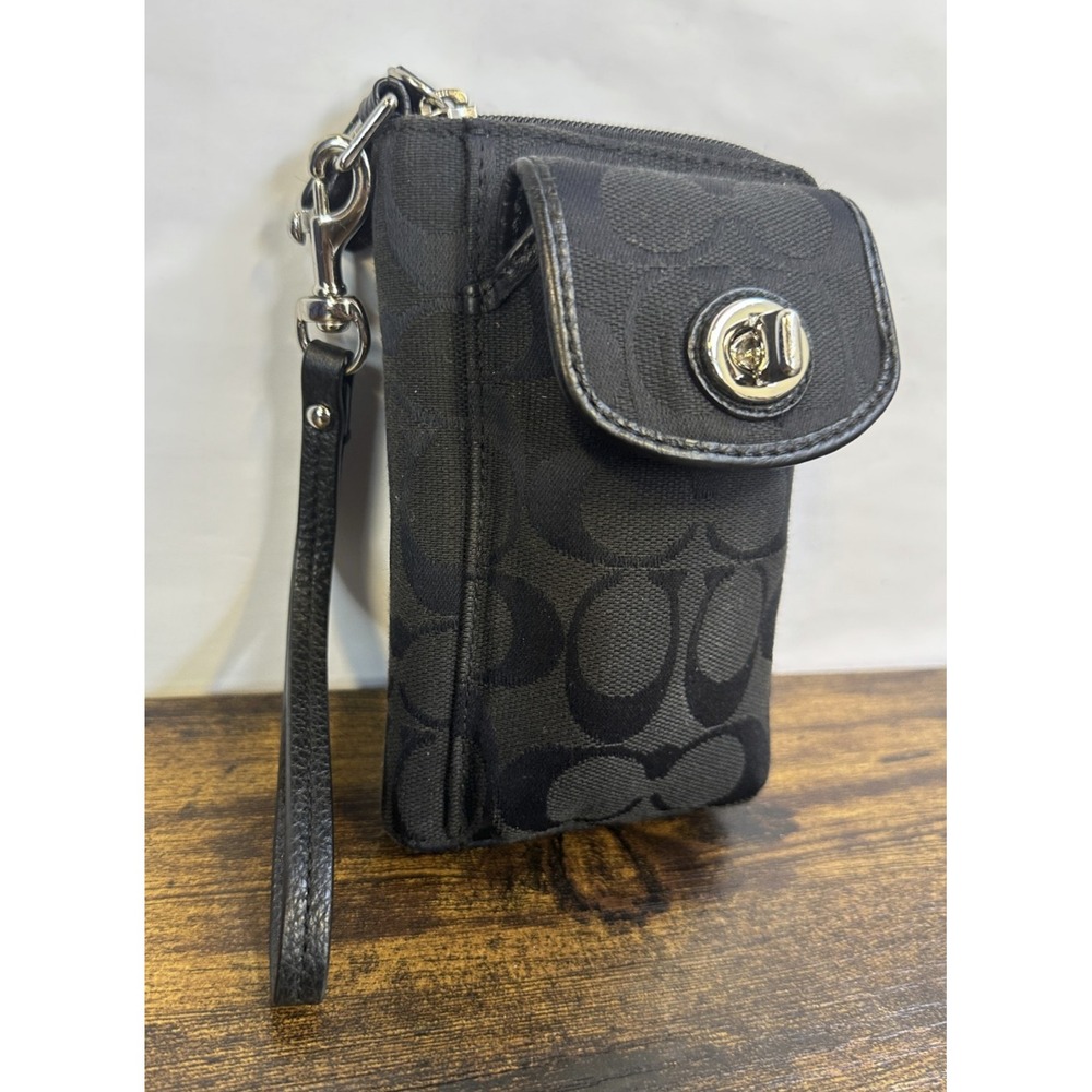 Coach Signature Logo Canvas Jacquard Wristlet Phone Wallet Turnlock Black Y2K - Picture 2 of 12